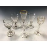 Six various early 19th century glasses, one of the two with conical bowls inscribed for 'H Brayell',