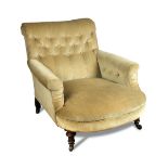 A Howard style walnut framed armchair stamped K + S, button upholstered back, on turned legs and