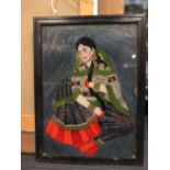 Rajasthan painting on reverse glass of a seated lady in local dress, 35 x 25 cm