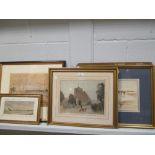 A collection of watercolours to include Amberley Church, seascape, pair of maritime scenes and a