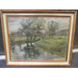 English School (20th century), river landscape with cattle, oil on canvas, signed *** Betjeman 1968,