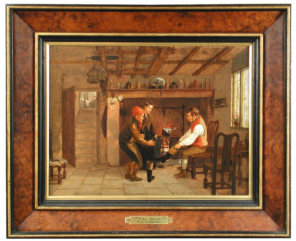 A *** J *** Cummins (British, 19th Century) The Boot oil on canvas 29 x 39cm (11 x 15in) Lined and