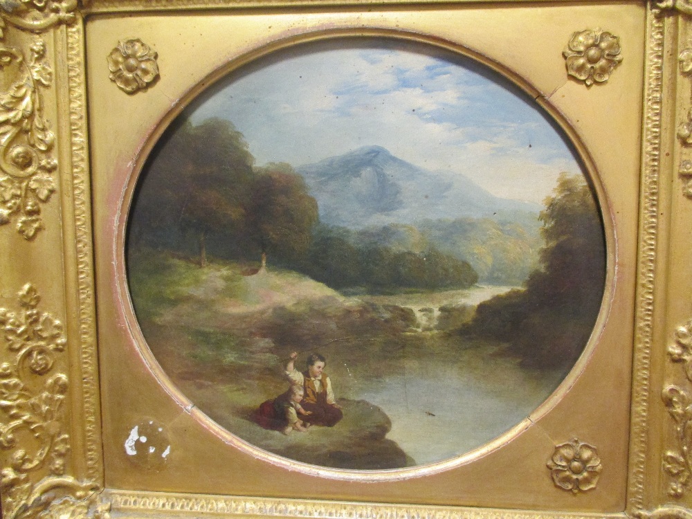 English School, 19th century, Two boys fishing in a highland setting, oil on canvas, tondo, 34cm