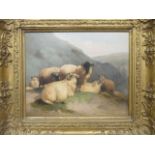 After Thomas Sidney Cooper, Rams in a Highland landscape, oil on canvas, gilt frame, 34 x 42cm Old