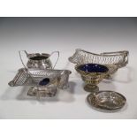 A quantity of EPNS to include a fruit basket with handle, rectangular tray, large sugar bowl, bon