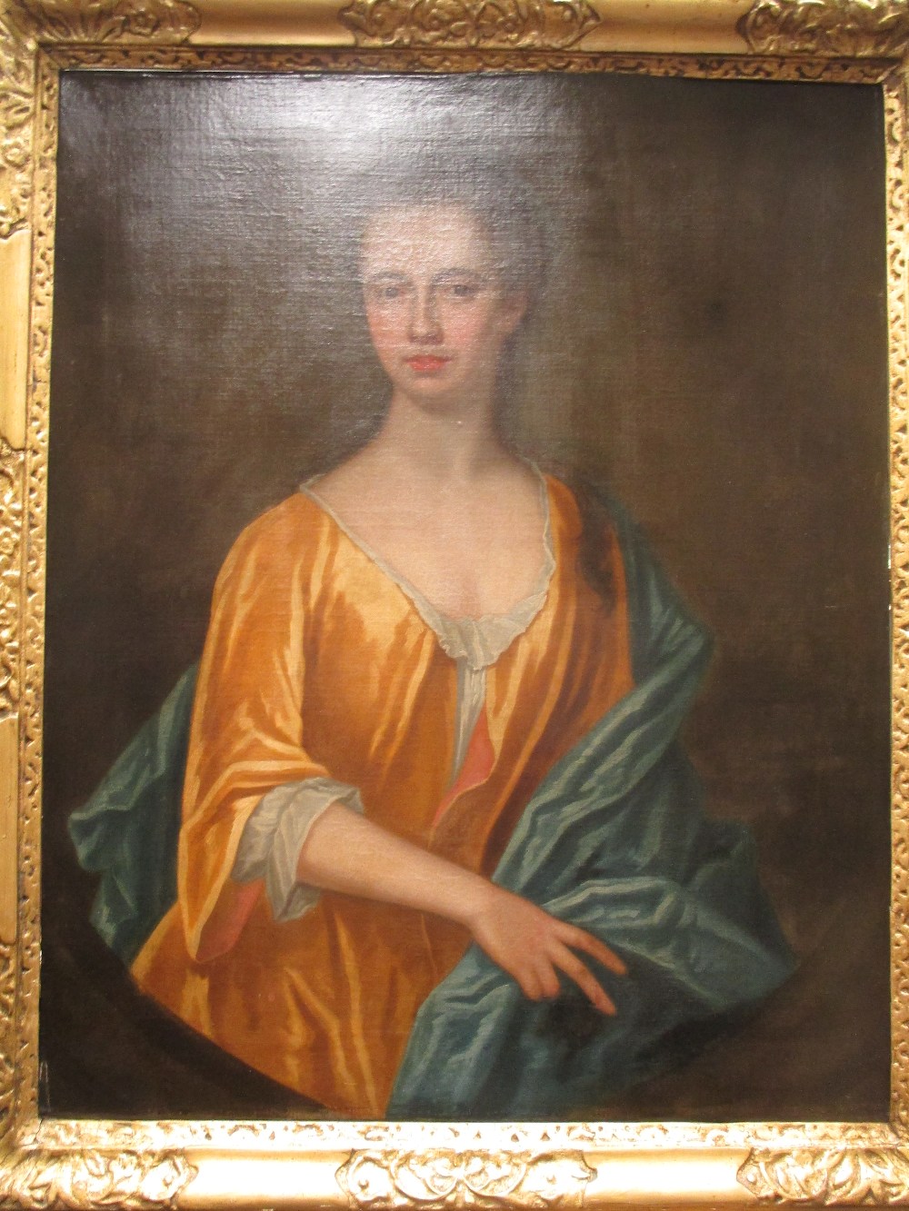 After Michael Dahl, portrait of a lady in a yellow dress, oil on canvas, 89 x 70cm