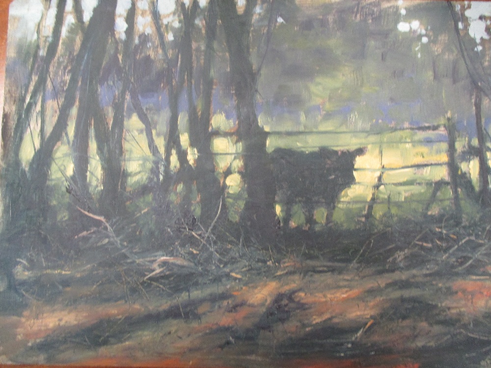 Mick Cawston (British, 1959 - 2006) Fox in a hunting jacket; cow by a gate at sunset and man and his