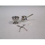 A silver brandy saucepan by Jamieson & Carry, Aberdeen, a silver communion cup and a silver sugar