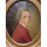 English School, 18th century, portrait of a gentleman in a red jacket, oval,