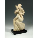 A stylised carved limestone sculpture of a Saxophonist, signed S. Scott, mounted to an ebonised