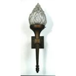 A pair of Art Deco single branch wall lights, of fluted tapering form with flaming frosted glass