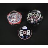 Three Whitefriars Queen Elizabeth II Silver Jubilee commemorative paperweights, one of domed form