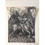 A collection of prints including Johannes Wierix after Durer, The Knight, Death and the Devil,