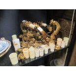 A pair of giltwood two branch wall lights and a set of three brass two branch wall lights (5)