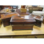 A Victorian rosewood sarcophagus tea caddy, another caddy and a sewing box (3)