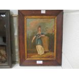 (19th Century School) 'A young lady holding laurel standing by a pillar, oil on board, 24 x 17cm ;