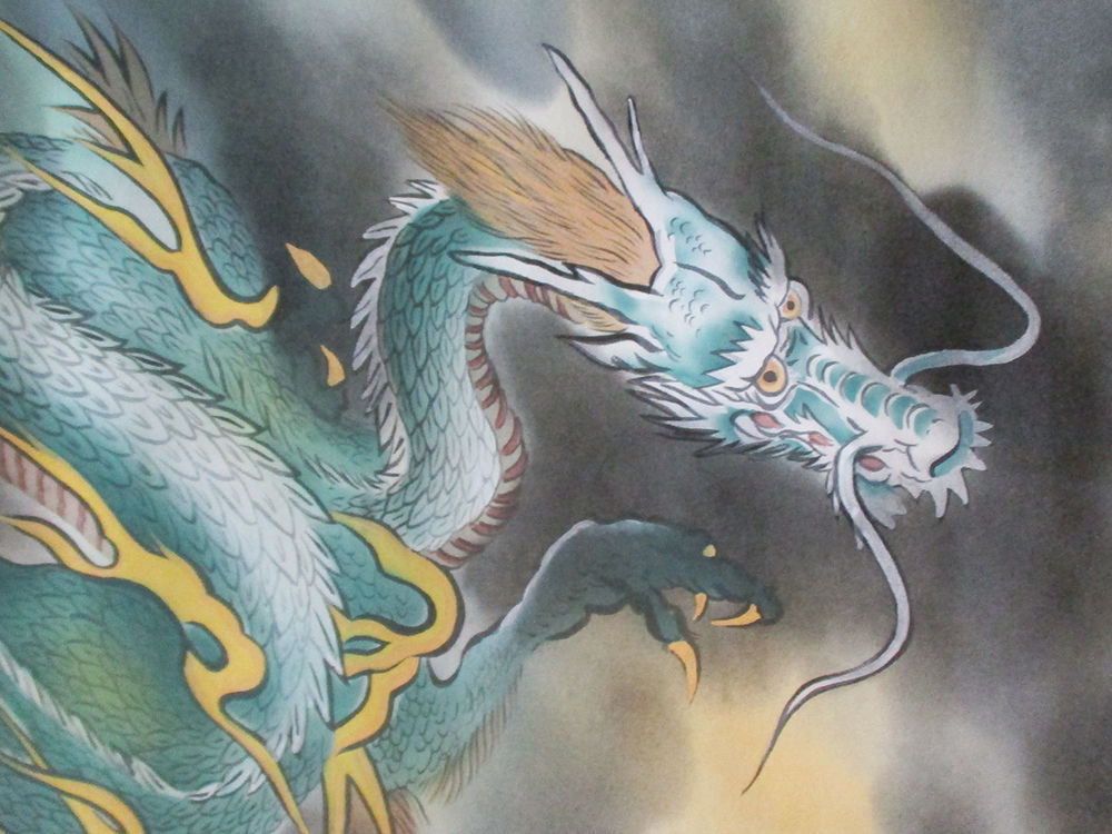 A 20th century scroll painting depicting a dragon and two carp rising from the sea into a stormy sky - Image 4 of 4