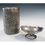 A silver brush pot and Wang Hing, a silver lotus leaf dish, the cylindrical sides of the first