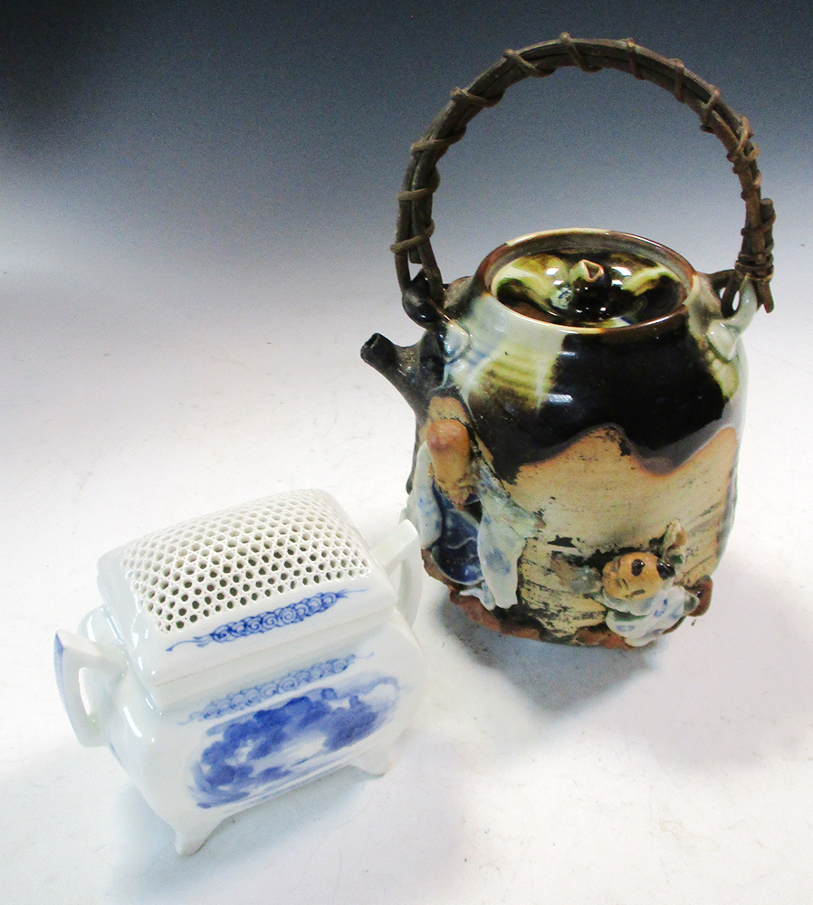 An Hirado covered koro together with a Sumida Gawa tea pot and cover, the broader bellied sides of