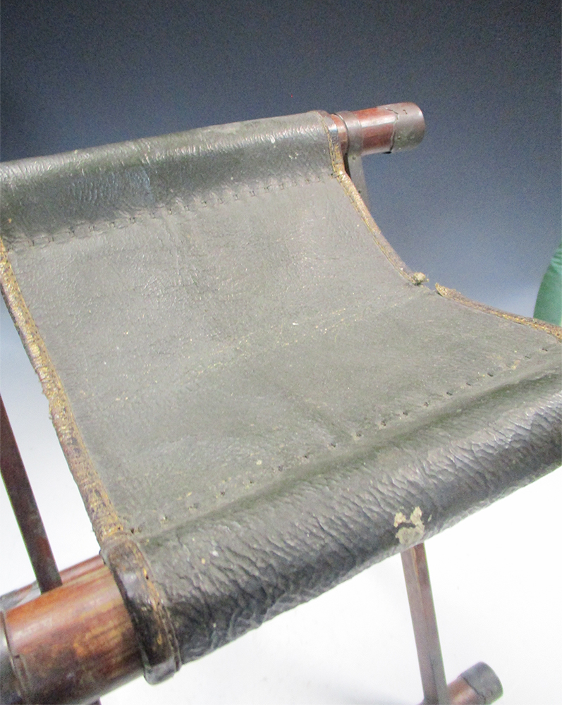 A Samurai warrior's folding stool, the copper capped bamboo X-frame folding out the gilt leather - Image 2 of 4