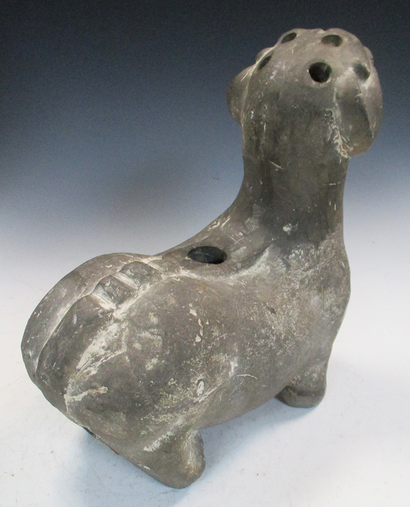 A Five Dynasties grey pottery figure of a lion, it stands on short legs with raised head and open - Image 5 of 8