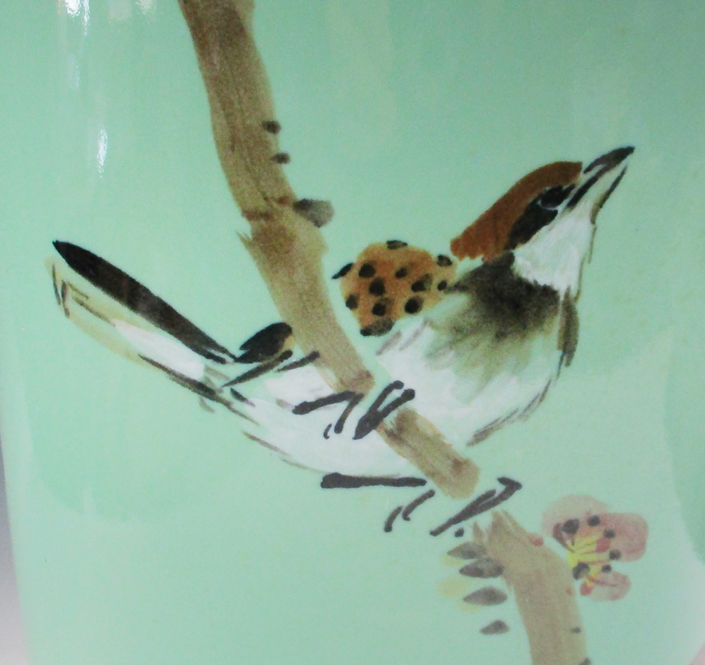 A Republic period green ground vase, the slender baluster shape painted with a bird perched on a - Image 3 of 6