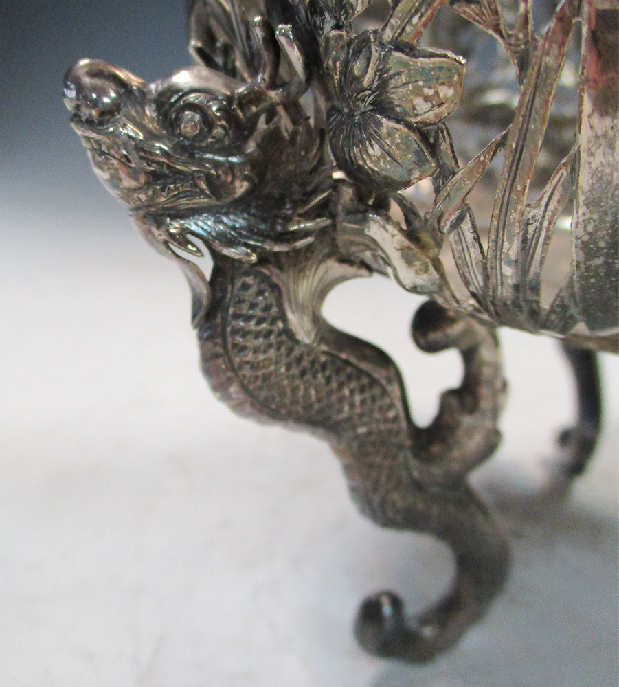 Wang Hing, a reticulated silver bowl, the lobed side with panels of dragons, irises and - Image 4 of 6