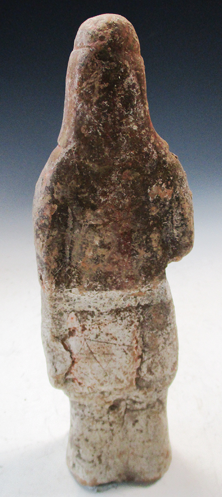 A Tang dynasty pottery standing figure, he stands wearing a red hood above a dark jacket, his left - Image 2 of 3