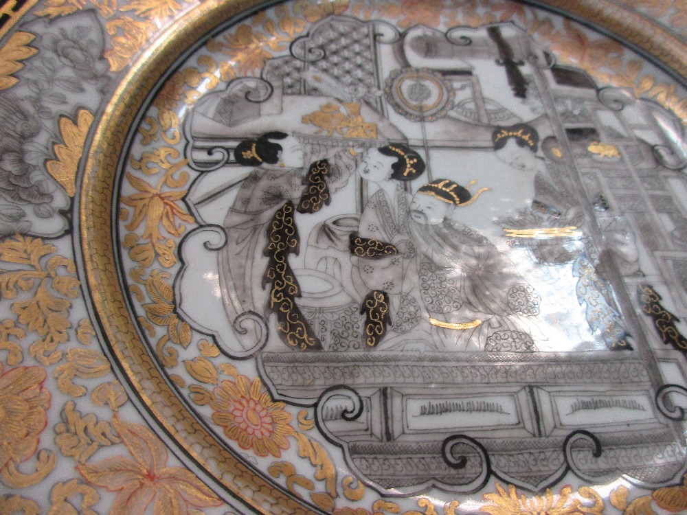 A gilt and grisaille plate in the 'Jesuit' style, centrally painted with three ladies and a - Image 3 of 3