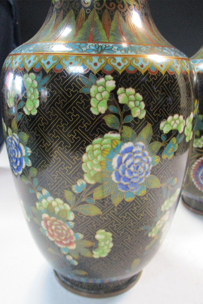 A pair of 20th century black ground cloisonne vases, the waisted necks enamelled with lotus, ruyi - Image 4 of 5