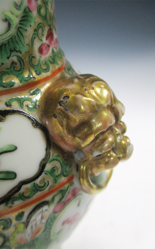 A Canton yenyen vase, gilt lion mask and ring handles on the shoulders of a body painted with six - Image 4 of 6