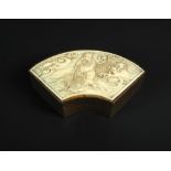 An ivory topped mokume crescent shaped box, the lid carved in relief with Kinko Sennin riding his