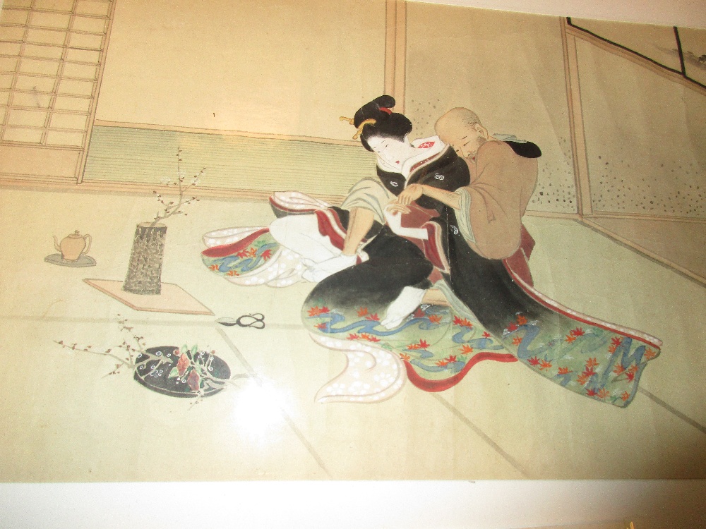 Hisatoyo, an early 20th century shunga watercolour, the coupling in an interior with ikebana, 26 x - Image 2 of 2