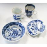 Four 18th century blue and white wares, the patty pan, coffee cup and can painted with islands,