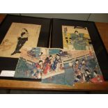 Kunisada/Toyokuni III (1786-1865), a crepe print triptych and two oban, the first of a lantern lit
