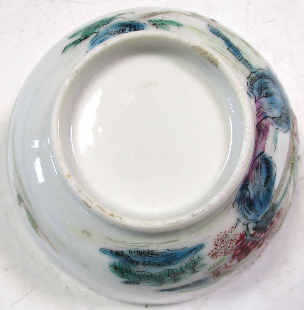 An 18th century enamel tray, four tea bowls and a blue and white cover, the tray painted with an - Image 13 of 19