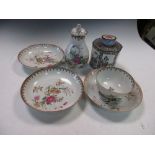 An 18th century covered milk jug, tea bowl and three saucers together with an 18th century enamel