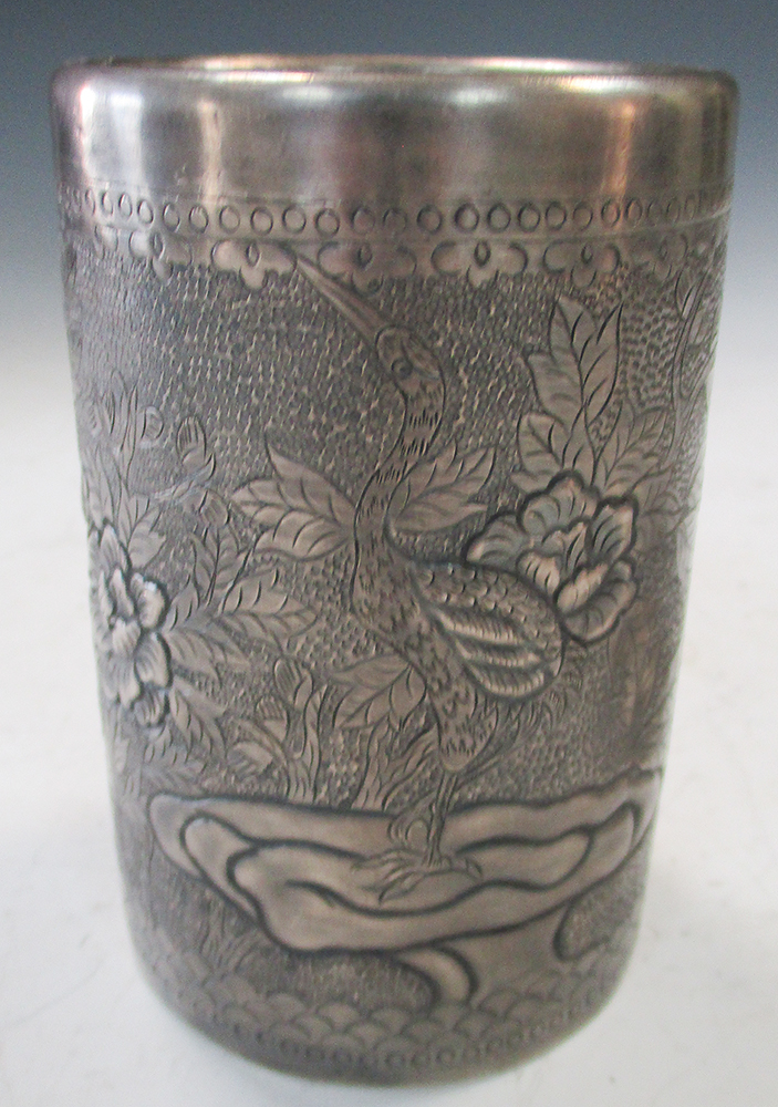 A silver brush pot and Wang Hing, a silver lotus leaf dish, the cylindrical sides of the first - Image 5 of 5