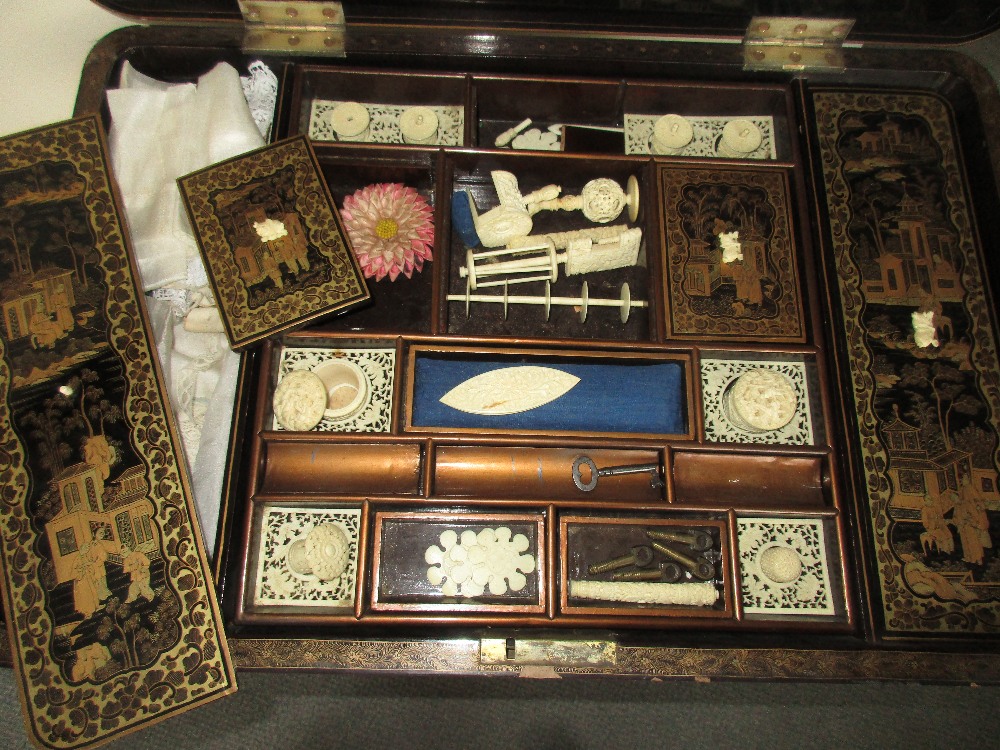 A mid 19th century Chinese black lacquer and gilt work table, with typical decoration, the hinged - Image 7 of 7