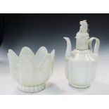 A qingbai ewer, stopper and wine cooler, the tall petals to the rim of the latter above reeded foot,