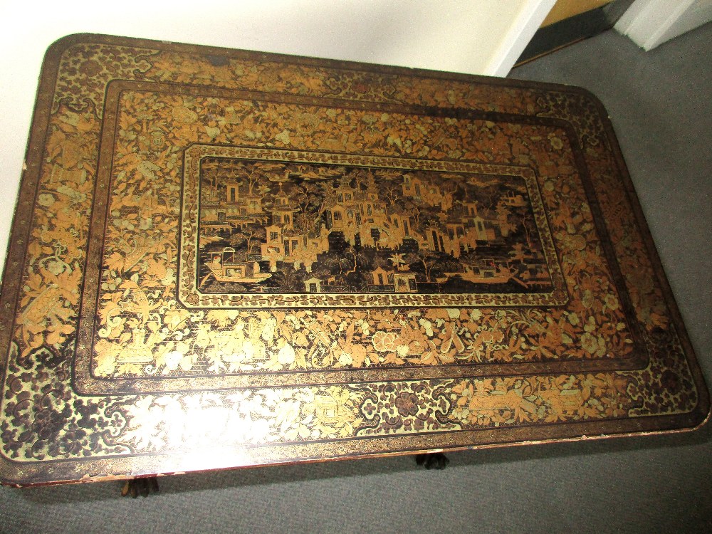A mid 19th century Chinese black lacquer and gilt work table, with typical decoration, the hinged - Image 2 of 7