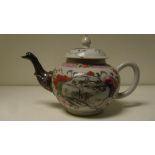 A mid 18th century famille rose tea pot and cover, painted on either side of the replacement white
