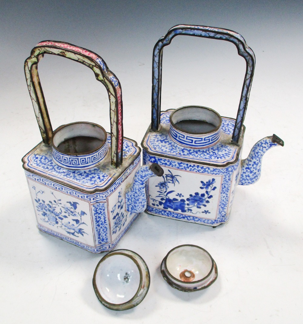 Two similar late 18th/early 19th century enamel wine ewers and covers, both with handles raised over - Image 6 of 6