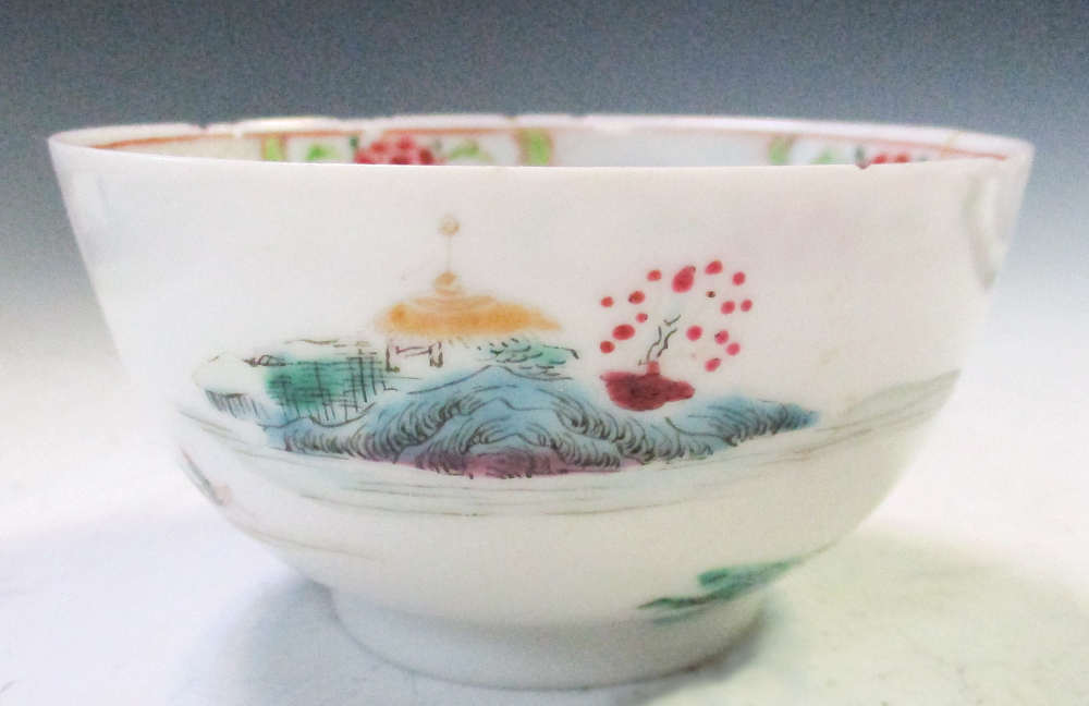 An 18th century enamel tray, four tea bowls and a blue and white cover, the tray painted with an - Image 11 of 19