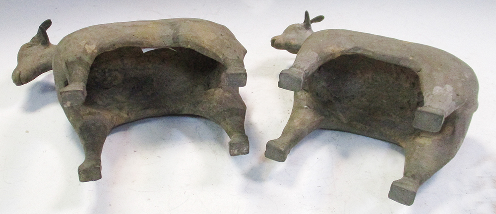 A pair of Han dynasty grey pottery goats, each characterful figure standing four square, its eyes - Image 6 of 7