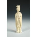 A Sui dynasty straw glazed figure, the man standing with his hands clasped before his chest once
