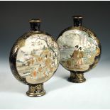 Chikusai, a pair of Satsuma blue ground moon flasks, painted on one side with three watching ducks