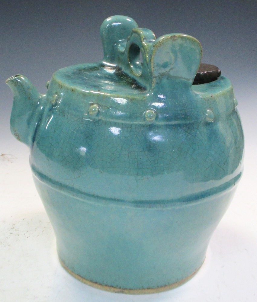 A Ming turquoise glazed water vessel with later stopper, a carrying handle to the top of the