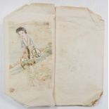 A paper book mounted with four watercolours on silk, each painted with a lady in various poses in