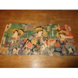 Toyoharu Kunichika (1835-1900), a mid 19th century woodblock triptych depicting three ladies with